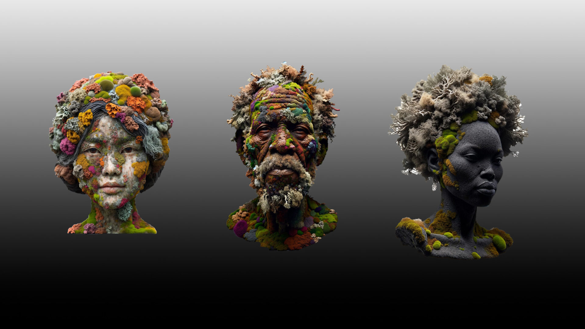 An image from Keir Williams and Riley Heasley showing work-in-progress from their exhibition work. A still from a video of a 3D-rendered granite bust of an adult's head; moss, lichen, and fungi grow and completely cover it.