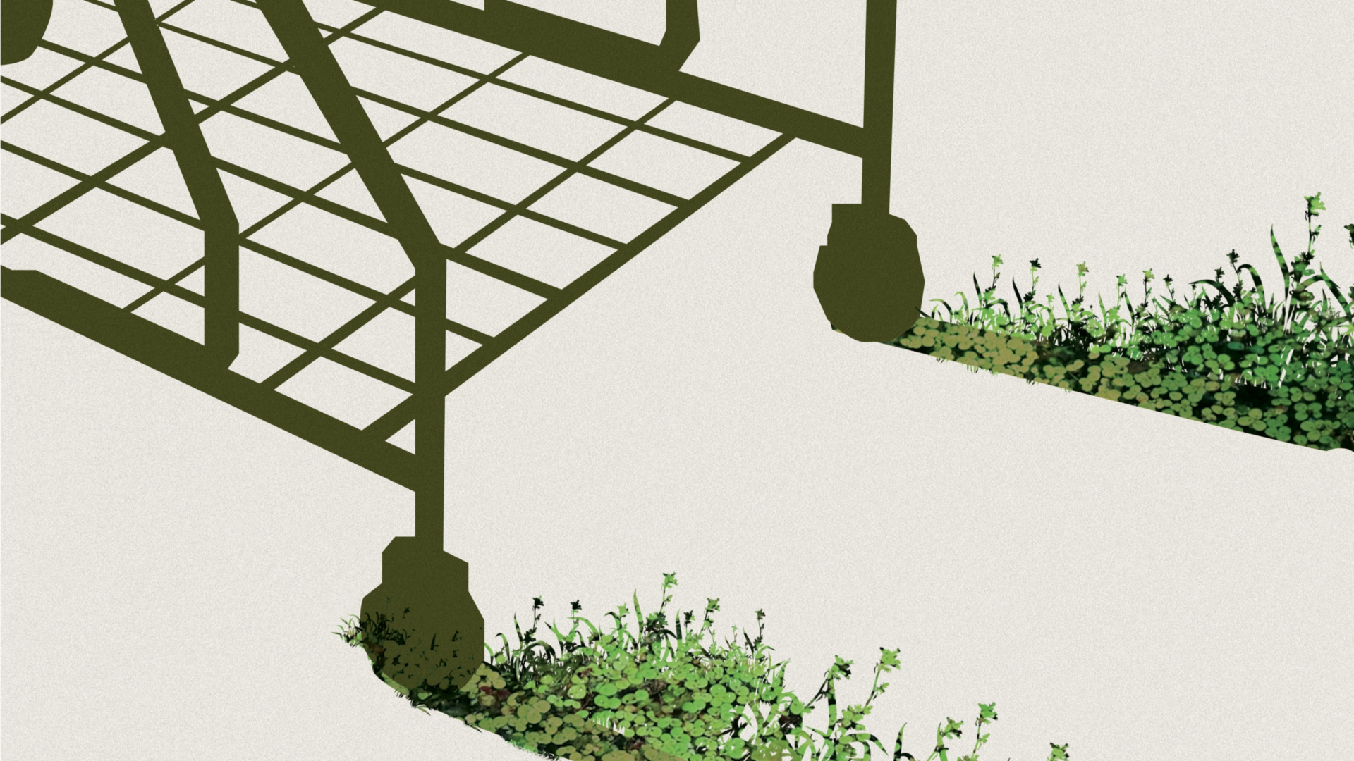 A graphic art of a shopping trolley with a trail of planting